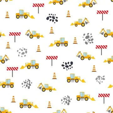 Cute childish seamless pattern with yellow car dump truck, crane, concrete mi Stock Illustration