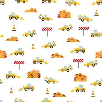 Cute childish seamless pattern with yellow car dump truck, crane, concrete mi Stock-Illustration