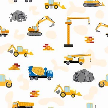 Cute childish seamless pattern with yellow car dump truck, crane, concrete mi Illustrazione stock