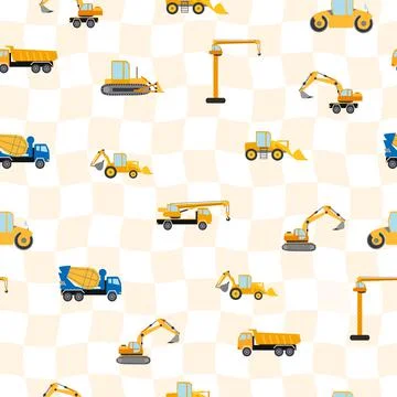 Cute childish seamless pattern with yellow car dump truck, crane, concrete mi Illustrazione stock