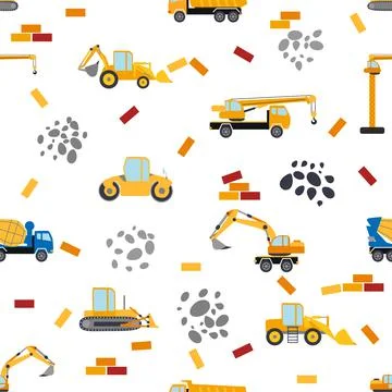 Cute childish seamless pattern with yellow car dump truck, crane, concrete mi Stock Illustration