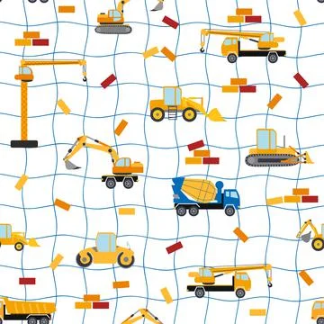 Cute childish seamless pattern with yellow car dump truck, crane, concrete mi 스톡 일러스트