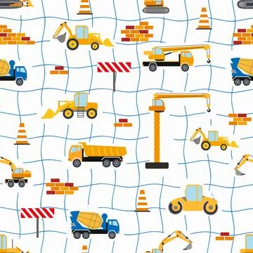 Cute childish seamless pattern with yellow car dump truck, crane, concrete mi Illustrazione stock
