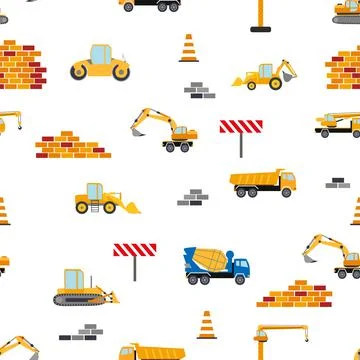 Cute childish seamless pattern with yellow car dump truck, crane, concrete mi 스톡 일러스트