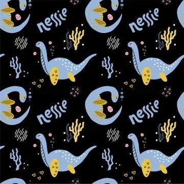 Cute childish seamless vector pattern with Loch ness monster. Vector cute car Stock Illustration