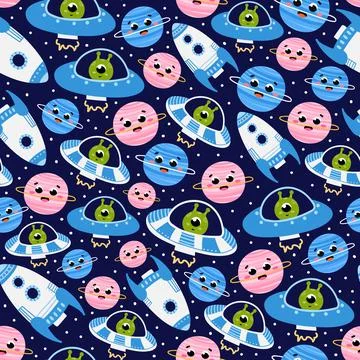 Cute childish space seamless pattern with spaceships and planets on dark back イラスト素材