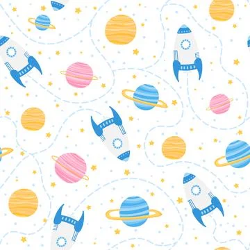 Cute childish space seamless pattern with spaceships and planets on white イラスト素材
