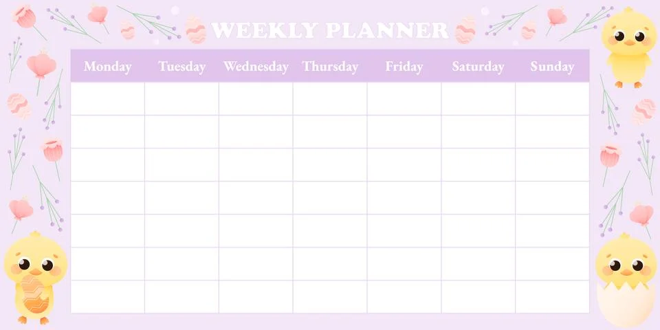 Cute childish spring weekly planner with animal character - chick and flowers Stock Illustration