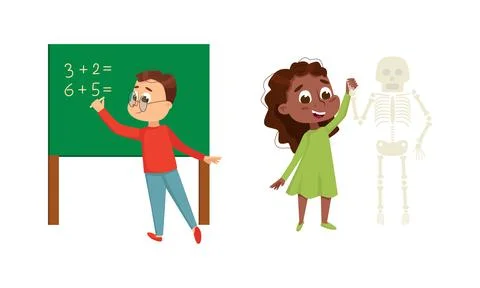 Cute Children in Class Studying School Subject Learning Maths and Anatomy Vector Stock Illustration
