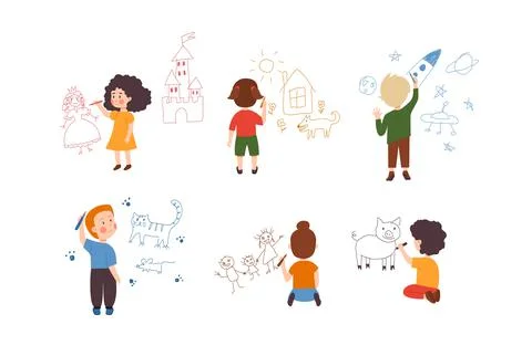 Cute children drawing scribbles on the wall, flat vector illustration isolated Stock Illustration