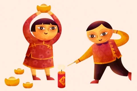 Cute children lighting firecrackers Illustrazione stock