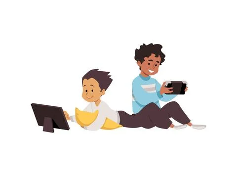 Cute children looking at the tablet device and smartphone, vector boys using Stock Illustration