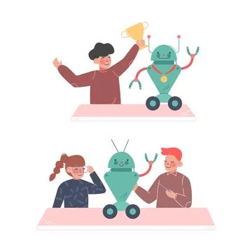 Cute children making and programming robots set. Robotics and programming 스톡 일러스트