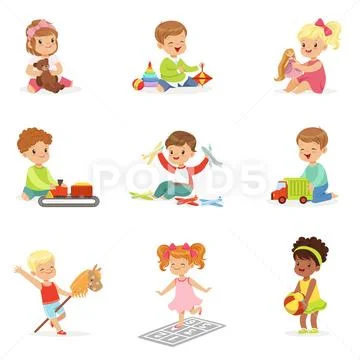 Cute Children Playing With Different Toys And Games Having Fun On Their Own Stock Illustration
