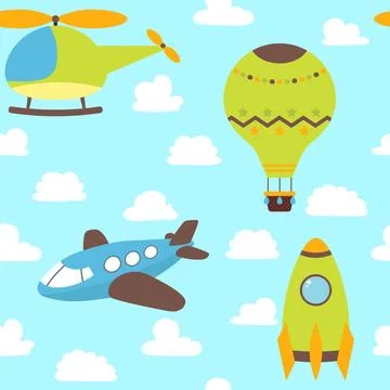 Cute children seamless pattern with plane, helicopter, hot air balloon, spa.. Stock Illustration