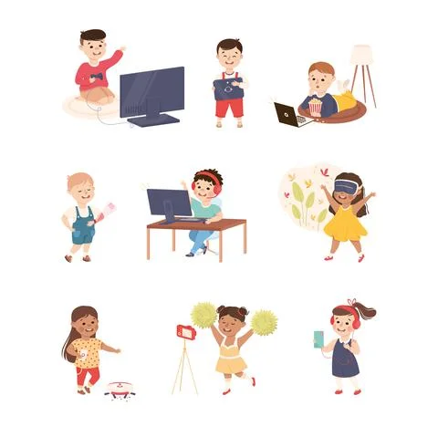 Cute Children Using Gadgets Like Smartphone and Computer Vector Set Stock Illustration