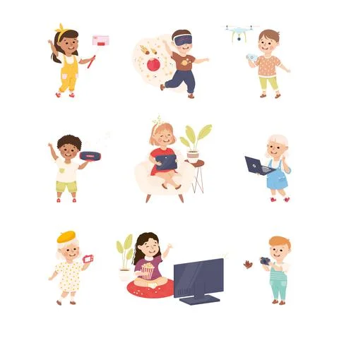 Cute Children Using Gadgets Like Smartphone and Computer Vector Set Stock Illustration
