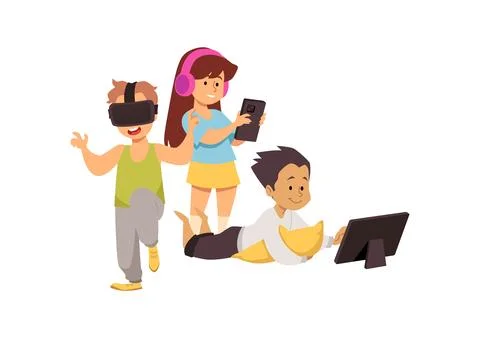 Cute children using gadgets, tablet device, smartphone and virtual reality イラスト素材