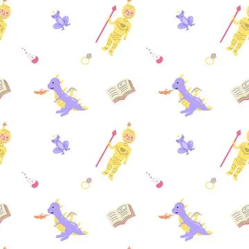 Cute childrens dragons pattern with fairy funny character. Stock Illustration
