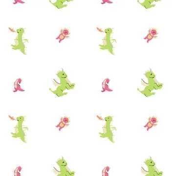 Cute childrens dragons pattern with fairy funny character. Stock Illustration