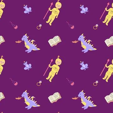Cute childrens dragons pattern with fairy funny character. Stock Illustration