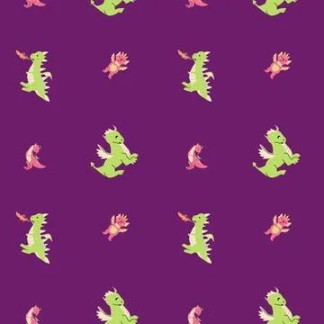 Cute childrens dragons pattern with fairy funny character. Stock Illustration