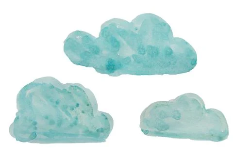 Cute children's drawing of three clouds, blue watercolor clouds on white sky  Stockillustratie