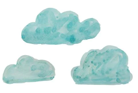Cute children's drawing of three clouds, blue watercolor clouds on a white sk Stockillustratie