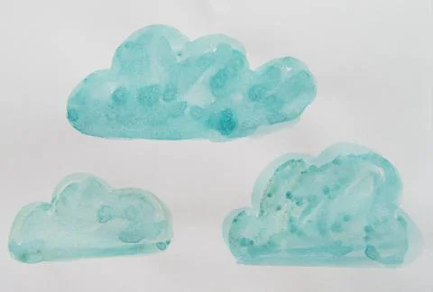 Cute children's drawing of three clouds, blue watercolor clouds on a white sk Stockillustratie