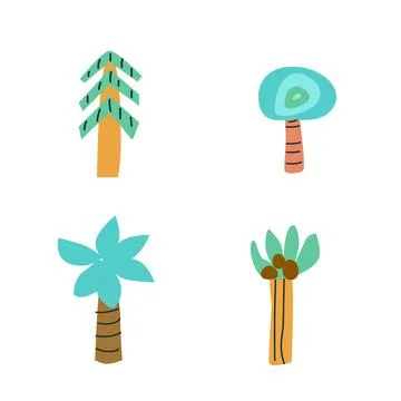 Cute childrens floral elements set. Tropical and scandinavian tree collection. Illustrazione stock