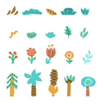 Cute childrens floral elements set. Tropical tree, plant collection. 스톡 일러스트