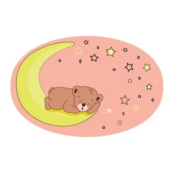 Cute children's postcard. A small teddy bear sleeps on the moon, in a pink sky Ilustração Stock