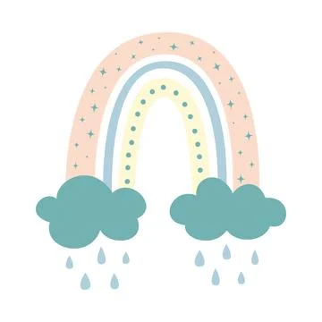 Cute childrens rainbow in minimalistic boho style with cloud. Suitable for cards Stock Illustration