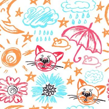 Cute children's Seamless drawing. Colored wax crayons Stock Illustration