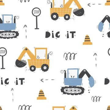 Cute children's seamless pattern with trucks and diggers in Scandinavian style Stock Illustration