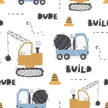 Cute children's seamless pattern with trucks and diggers in Scandinavian style Stock Illustration