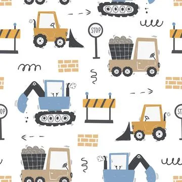 Cute children's seamless pattern with trucks and diggers in Scandinavian style Stock Illustration