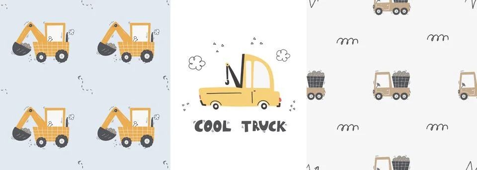Cute children's seamless pattern with trucks and diggers in Scandinavian style Stock Illustration