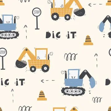 Cute children's seamless pattern with trucks and diggers in Scandinavian style Stock Illustration