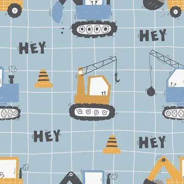 Cute children's seamless pattern with trucks and diggers in Scandinavian style Stock Illustration