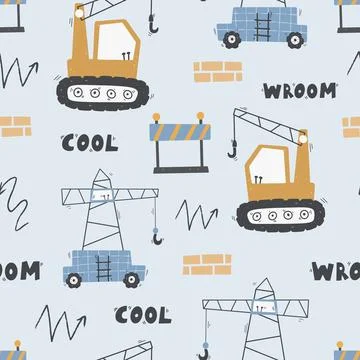 Cute children's seamless pattern with trucks and diggers in Scandinavian style Stock Illustration