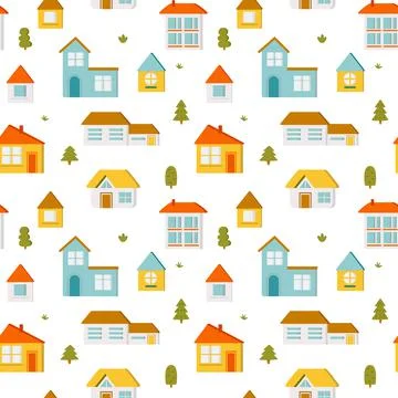 Cute children's vector seamless pattern. Small town with houses and trees Stock Illustration