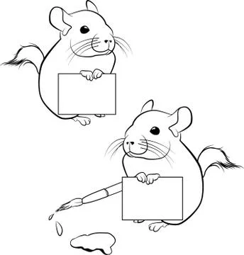 Cute chinchilla with paper poster vector outline - black and white illustration Illustrazione stock