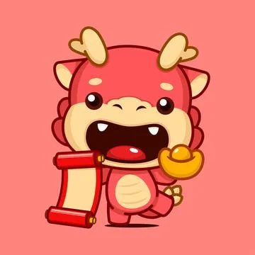 Cute Chinese New Year Dragon Zodiac Cartoon Character Dancing With Scroll B.. 스톡 일러스트