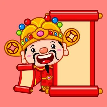 Cute Chinese New Year Fortune God Holding Scroll Banner Behind A Big Scroll.. 스톡 일러스트