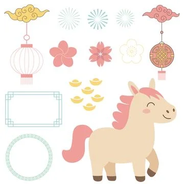 Cute Chinese New Year vector design elements in a soft pastel color palette. 스톡 일러스트