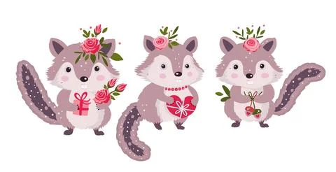 Cute chipmunk animal set. Forest woodland character collection with gift and Stock Illustration