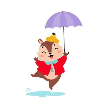 Cute Chipmunk in Rainy Day Walking with Umbrella Vector Illustration Illustrazione stock