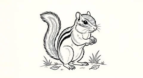 Cute Chipmunk Standing on Grass Coloring Page Line Art Vector Illustration Stock Illustration