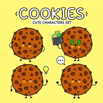 Cute chocolate chip cookie characters with different emotions and actions Stock-Illustration